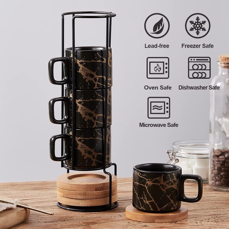 LUKA Porcelain Espresso Cup with Saucer and Metal Stand, 4 Ounce Stackable Ceramic Demitasse Espresso Mugs Cups Set for Latte,Coffee,Cafe Mocha,Tea(Set of 4) - Image 2