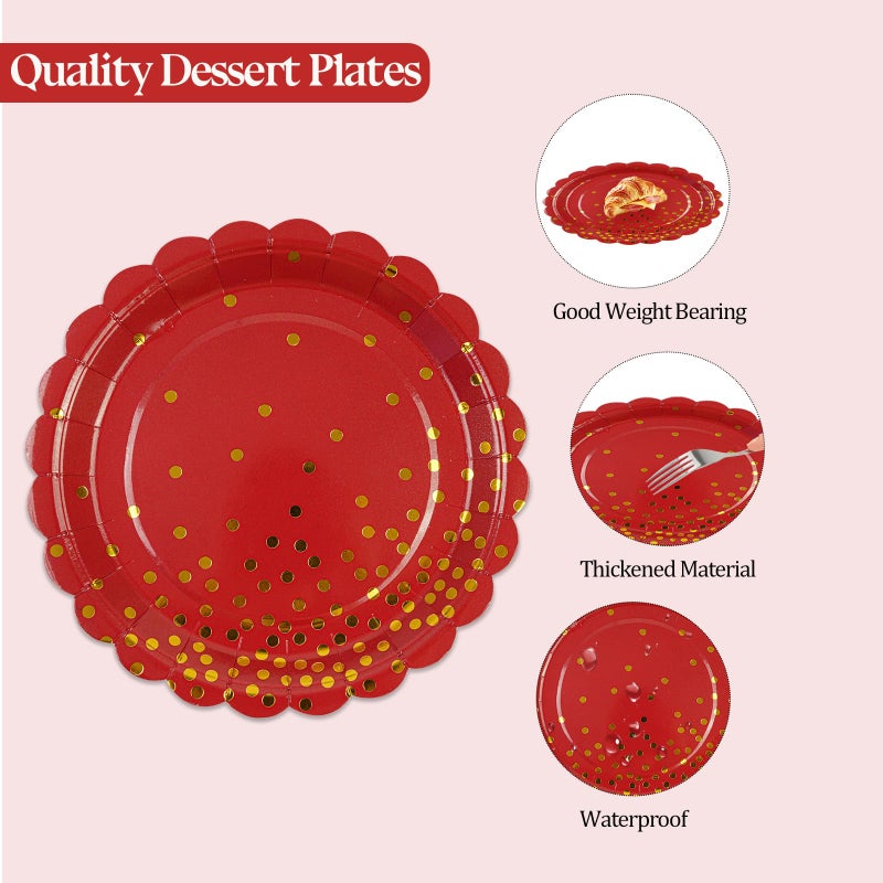 HFBOBP 50PCS Red Paper Plates and Napkins Set - Red and Gold Dot Disposable Party Plates Dinnerware Party Supplies Decorations for Birthdays, Christmas, Engagement and Weddings - Image 4