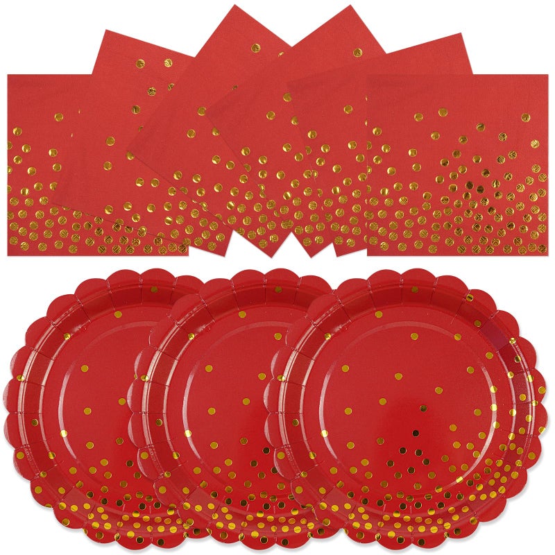 HFBOBP 50PCS Red Paper Plates and Napkins Set - Red and Gold Dot Disposable Party Plates Dinnerware Party Supplies Decorations for Birthdays, Christmas, Engagement and Weddings - Image 1