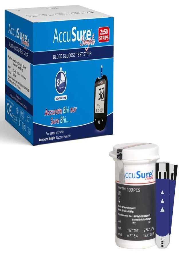 AccuSure اختبار جلوكوز الدم البسيط من AccuSure، 100 شريط، 2 × 50 شريط اختبار (متعدد الألوان) - Image 1