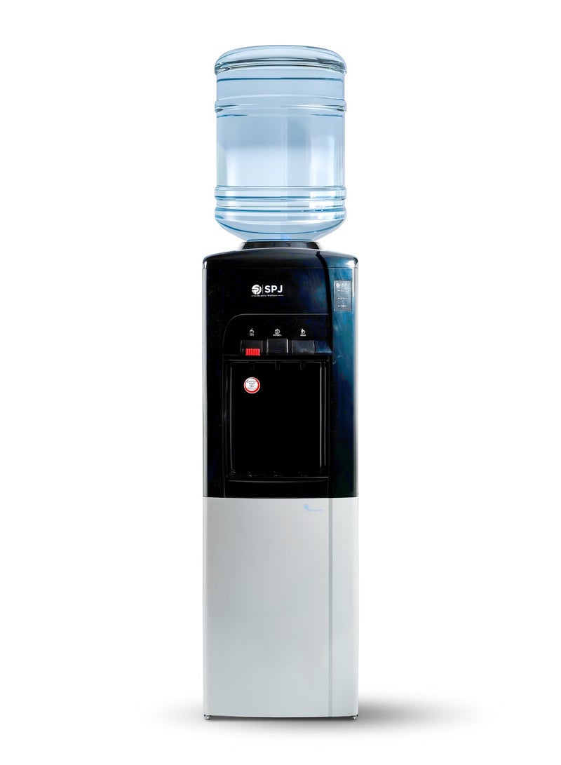 SPJ Top Loading Water Dispenser with Cabinet Tap for Hot & Cold and Normal Water, 16L Cabinet ,SS304 Tank ,Child Lock Safety , Antibacterial Material ,Floor Standing Low Noise Fast Cooling, Perfect for Home,  Shopping Malls, and Office(SILVER & Black) - Image 1