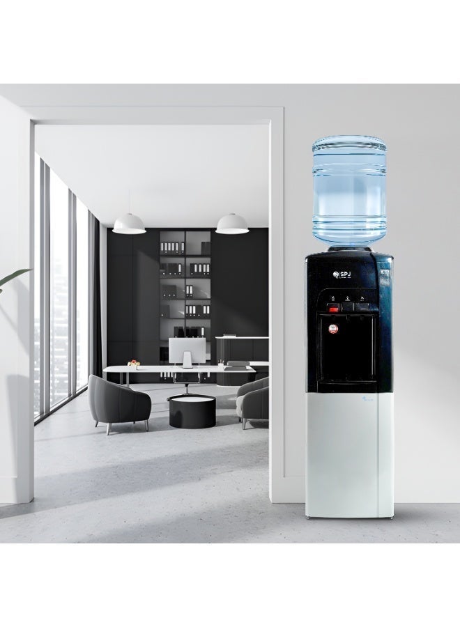 SPJ Top Loading Water Dispenser with Cabinet Tap for Hot & Cold and Normal Water, 16L Cabinet ,SS304 Tank ,Child Lock Safety , Antibacterial Material ,Floor Standing Low Noise Fast Cooling, Perfect for Home,  Shopping Malls, and Office(SILVER & Black) - Image 2