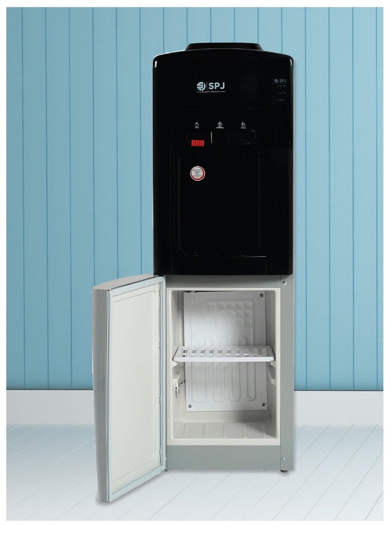 SPJ Top Loading Water Dispenser with Cabinet Tap for Hot & Cold and Normal Water, 16L Cabinet ,SS304 Tank ,Child Lock Safety , Antibacterial Material ,Floor Standing Low Noise Fast Cooling, Perfect for Home,  Shopping Malls, and Office(SILVER & Black) - Image 3