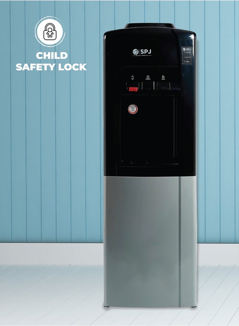 SPJ Top Loading Water Dispenser with Cabinet Tap for Hot & Cold and Normal Water, 16L Cabinet ,SS304 Tank ,Child Lock Safety , Antibacterial Material ,Floor Standing Low Noise Fast Cooling, Perfect for Home,  Shopping Malls, and Office(SILVER & Black) - Image 5