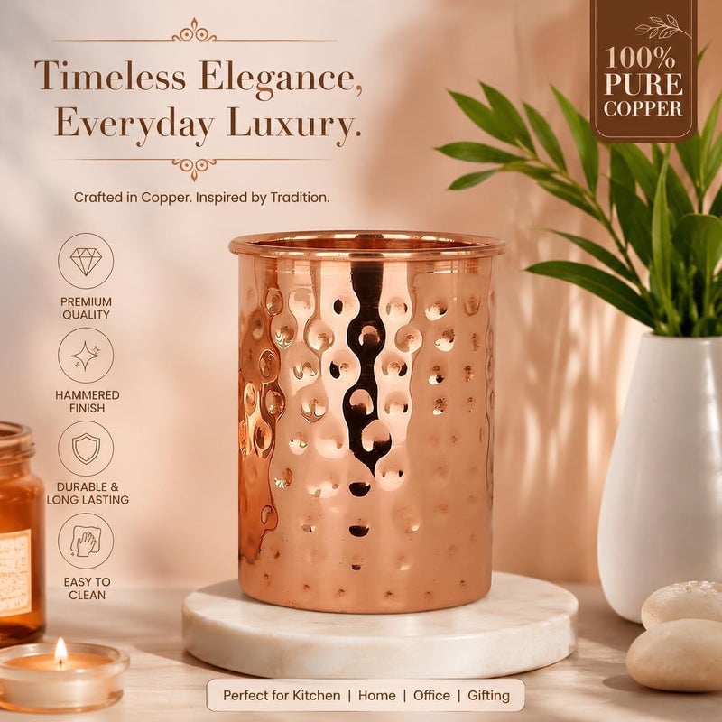 Adoko 100% Pure Copper Hammered Design Tumbler with Ayurvedic Health Benefits | 300ml, 1Pc | Drinking Serving Water Copper Utensils Glass - Image 2