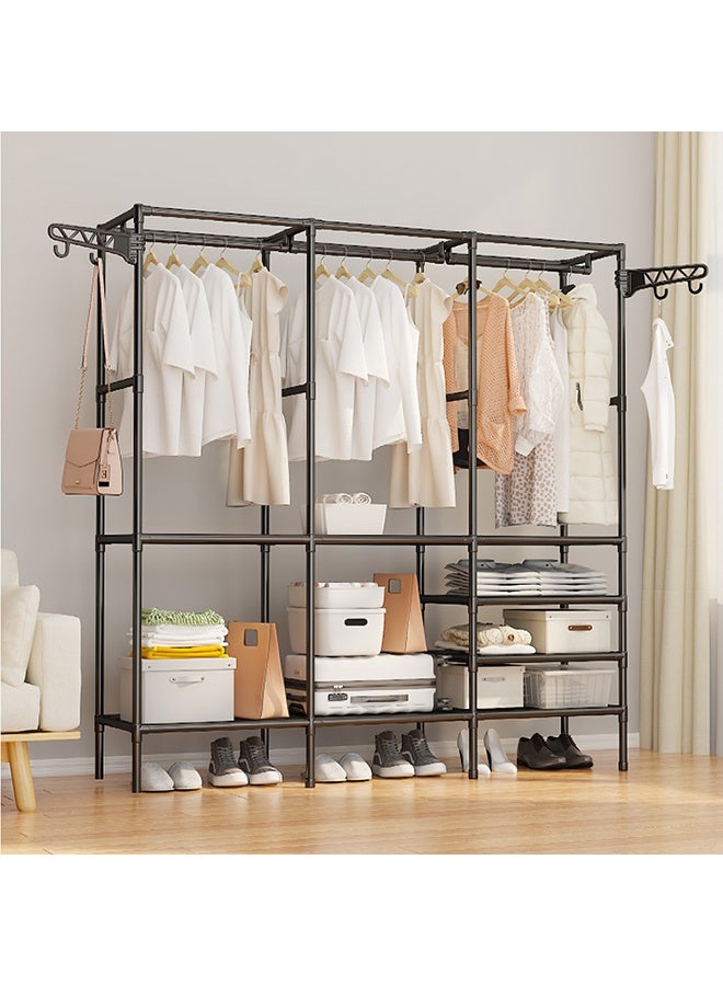 3-Row Metal Clothes Rack, Freestanding Hanger with Side Hooks, Multi Functional Wardrobe for Storing Clothes, Accessories, Shoes, Bags, Towels - Image 1
