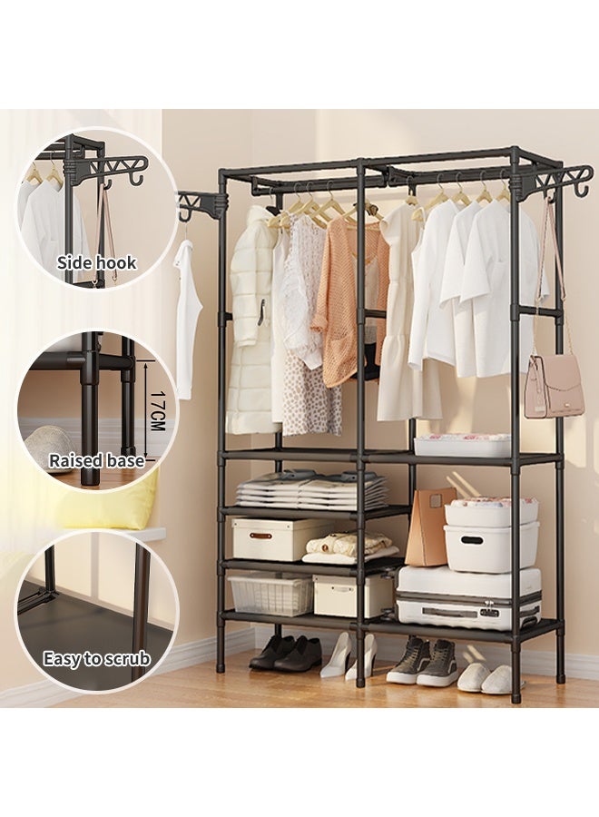 3-Row Metal Clothes Rack, Freestanding Hanger with Side Hooks, Multi Functional Wardrobe for Storing Clothes, Accessories, Shoes, Bags, Towels - Image 5