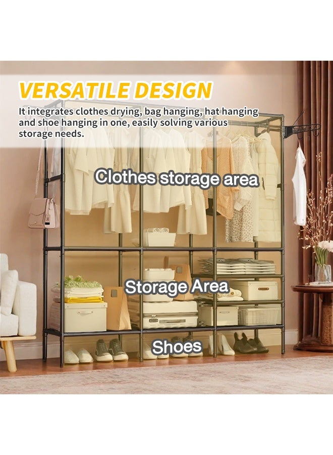 3-Row Metal Clothes Rack, Freestanding Hanger with Side Hooks, Multi Functional Wardrobe for Storing Clothes, Accessories, Shoes, Bags, Towels - Image 4