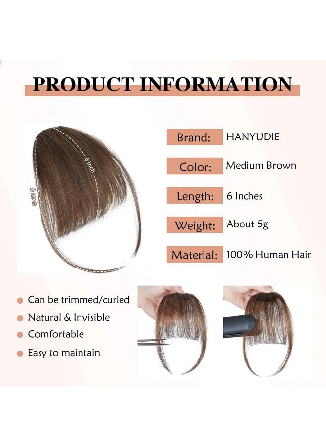 HANYUDIE - Clip In Bangs Human Hair Bangs Hairpiece Brown Bangs Clip On Bangs With Temple Wispy Bangs Hair Extensions For Women(Medium Borwn) - Image 1