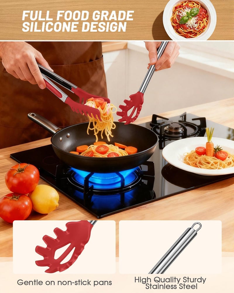 Nryul Spaghetti Spoon and Pasta Tong with Grip Teeth and Drain Holes, 2-Piece Non-Stick Silicone Head with Stainless Steel Handle, Heat Resistant Food Grade Utensils for Cooking, Serving, Salad and Noodles - Image 3