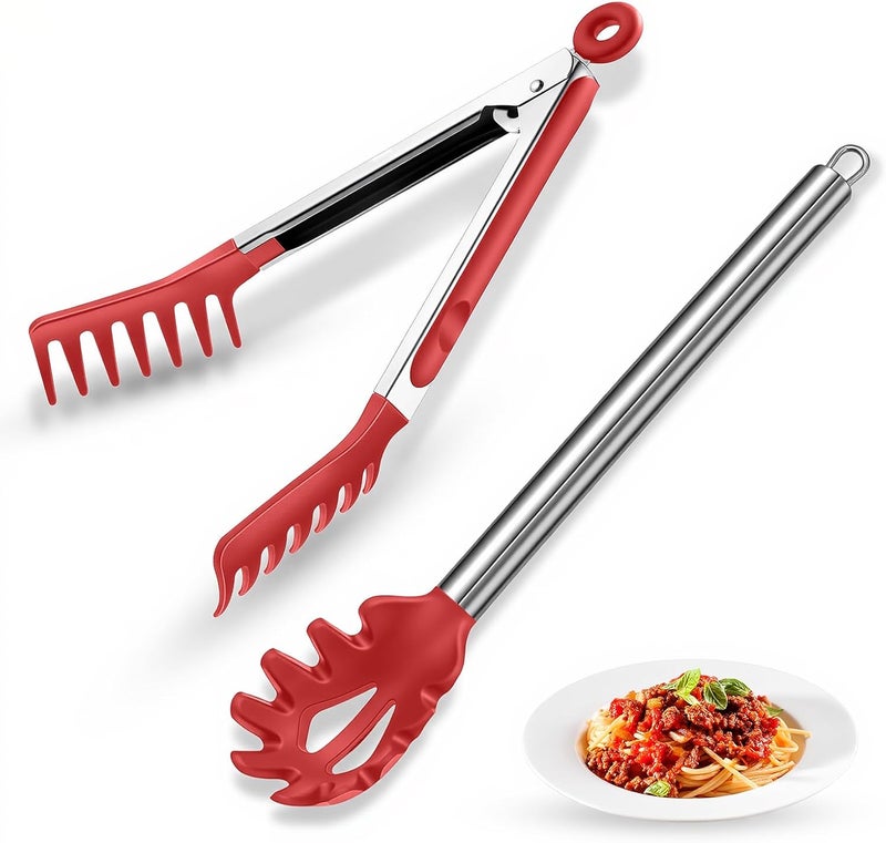 Nryul Spaghetti Spoon and Pasta Tong with Grip Teeth and Drain Holes, 2-Piece Non-Stick Silicone Head with Stainless Steel Handle, Heat Resistant Food Grade Utensils for Cooking, Serving, Salad and Noodles - Image 1