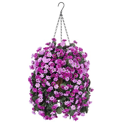 Ammyoo Artificial Flowers in Hanging Basket for Outdoors Indoors Decor, Artificial Mums Bush Flowers Plants with Baskets for Home Porch Garden Yard Patio Spring Summer Decoration (Purple Pink) - Image 1