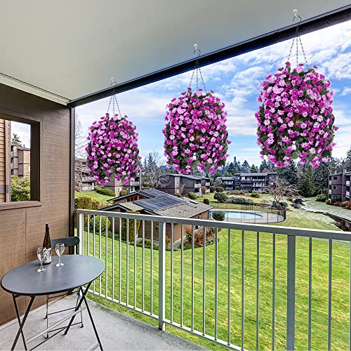 Ammyoo Artificial Flowers in Hanging Basket for Outdoors Indoors Decor, Artificial Mums Bush Flowers Plants with Baskets for Home Porch Garden Yard Patio Spring Summer Decoration (Purple Pink) - Image 2