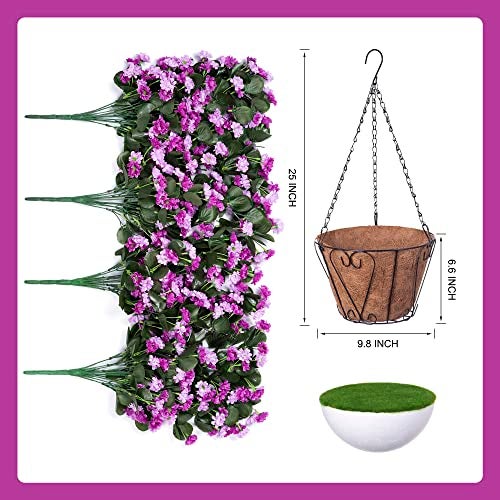 Ammyoo Artificial Flowers in Hanging Basket for Outdoors Indoors Decor, Artificial Mums Bush Flowers Plants with Baskets for Home Porch Garden Yard Patio Spring Summer Decoration (Purple Pink) - Image 5