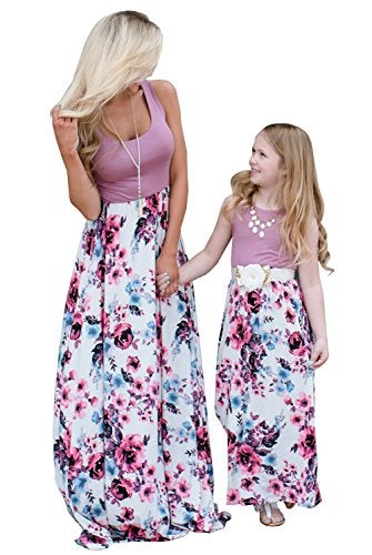 Askwind Mommy and Me Dresses Casual Floral Family Outfits Summer Matching Maxi Dress (Purple, 10-12T) - Image 1