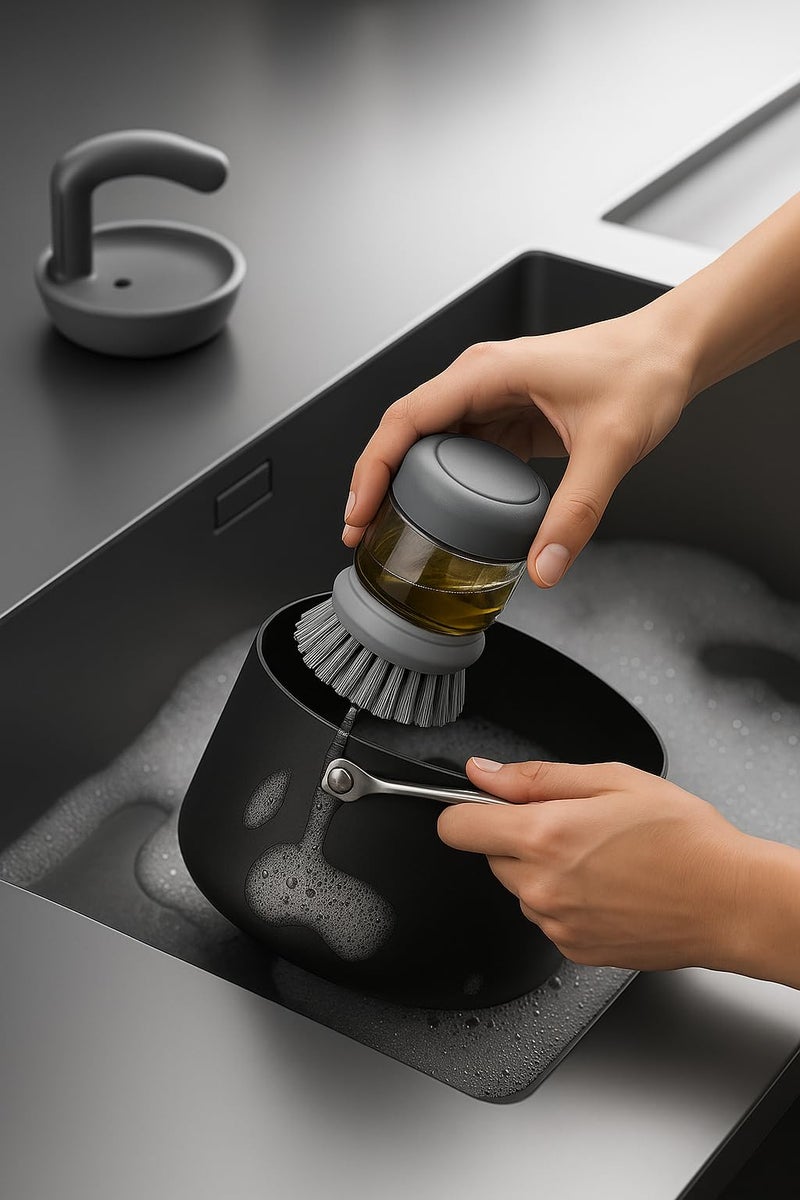 Top Chef Cleaning Brush Set with Soap Dispenser and Drip Tray - for Dishes, Pots, Pans, and Kitchen Sink Cleaning (Grey) - Image 5
