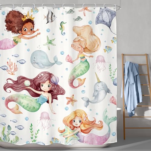LGhtyro Kids Ocean Mermaid Shower Curtain Bathroom Set 60Wx71H Inches Underwater Cartoon Sea Animals Cute Whale Starfish Funny Sealife Bath Accessories Baby Girls Art Home Decor Fabric 12 Pack Hooks - Image 2
