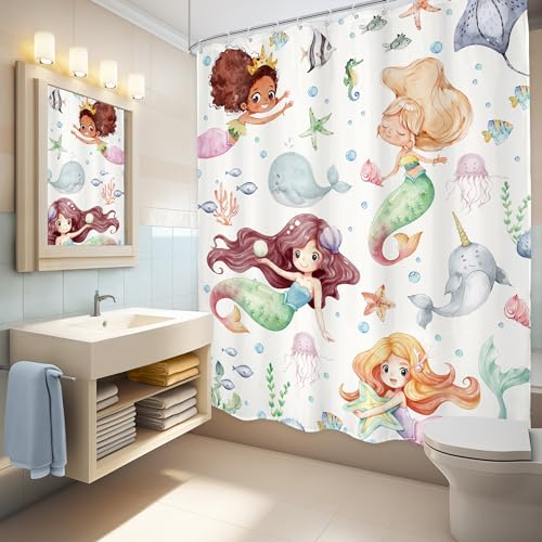 LGhtyro Kids Ocean Mermaid Shower Curtain Bathroom Set 60Wx71H Inches Underwater Cartoon Sea Animals Cute Whale Starfish Funny Sealife Bath Accessories Baby Girls Art Home Decor Fabric 12 Pack Hooks - Image 4