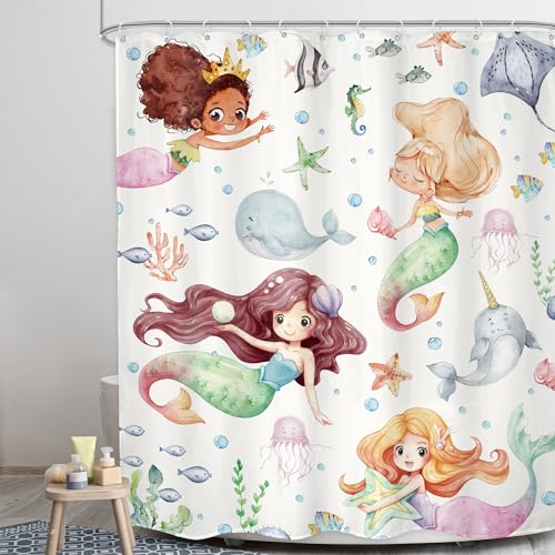 LGhtyro Kids Ocean Mermaid Shower Curtain Bathroom Set 60Wx71H Inches Underwater Cartoon Sea Animals Cute Whale Starfish Funny Sealife Bath Accessories Baby Girls Art Home Decor Fabric 12 Pack Hooks - Image 3