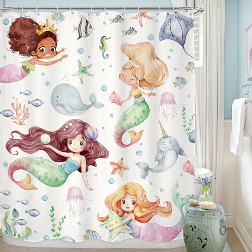 LGhtyro Kids Ocean Mermaid Shower Curtain Bathroom Set 60Wx71H Inches Underwater Cartoon Sea Animals Cute Whale Starfish Funny Sealife Bath Accessories Baby Girls Art Home Decor Fabric 12 Pack Hooks - Image 1
