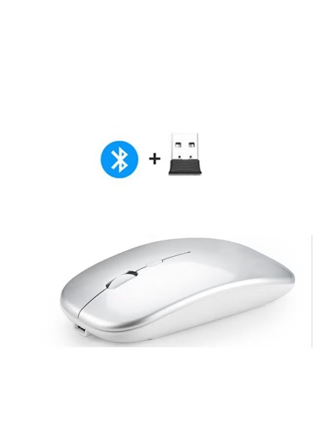 Wireless Bluetooth Mouse, Bluetooth 5.1 + 2.4GHz USB Wireless Receiver, Type-C Rechargeable Silent Bluetooth Wireless Mouse for PC, Laptop, Tablet, Mobile Phone, 3 Presets Adjustable DPI (Silver) - Image 1