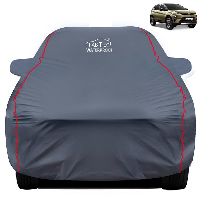 FABTEC Waterproof Premium Car Cover for Tata Nexon with Mirror Pocket Super Waterproof Car Body Cover Heavy Duty Durable Peva Grey with Red Piping - Image 1