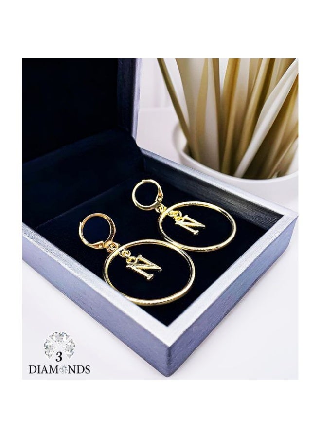 Gold Plated Letter N Drop Earrings with Cubic Zirconia