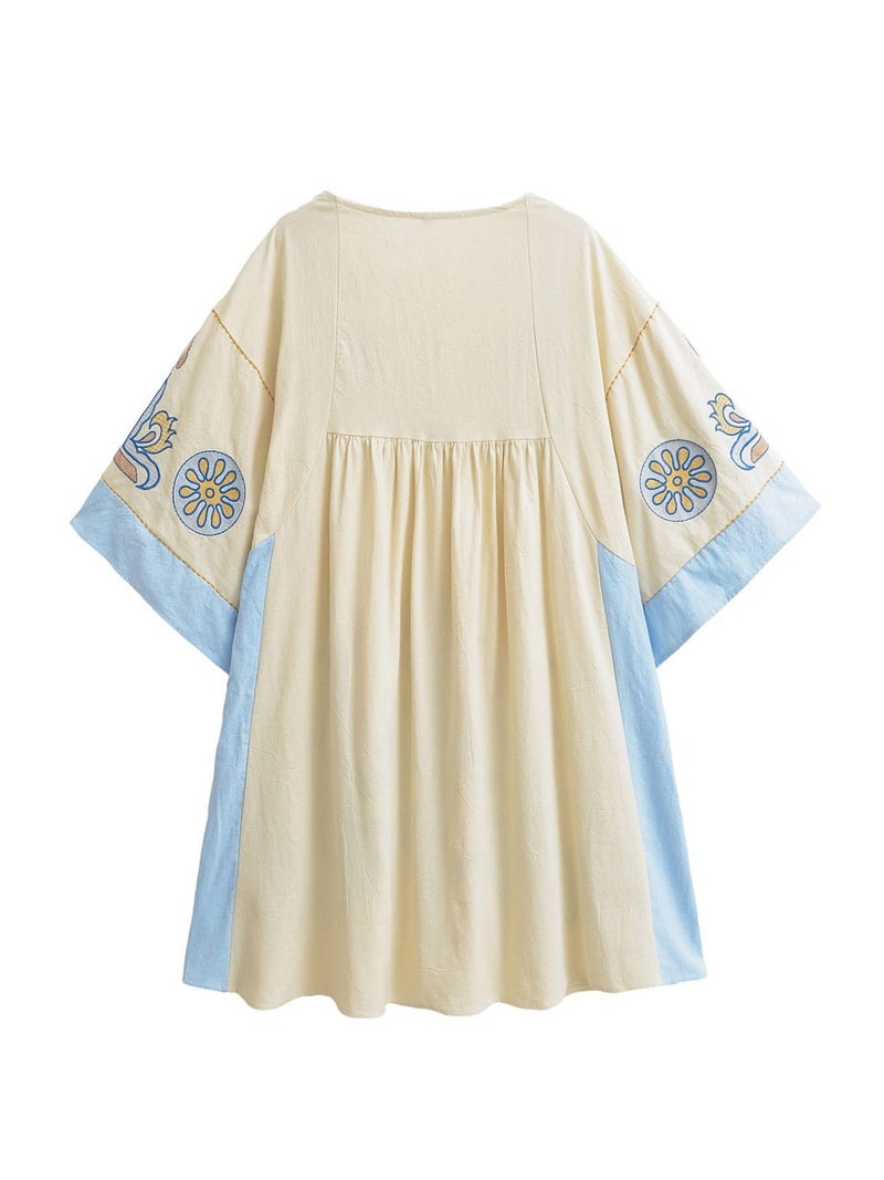 Joiemont Womens Oversized Embroidered Dress with V-Neck and 3/4 Sleeves Vintage Embroidery Babydoll Dress(0603-LightBlue-S) - Image 3
