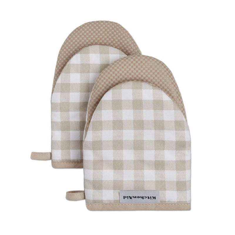 KitchenAid Gingham Mini Oven Mitt 2-Pack Set, Milkshake Tan, 5.5"x8" - Image 1