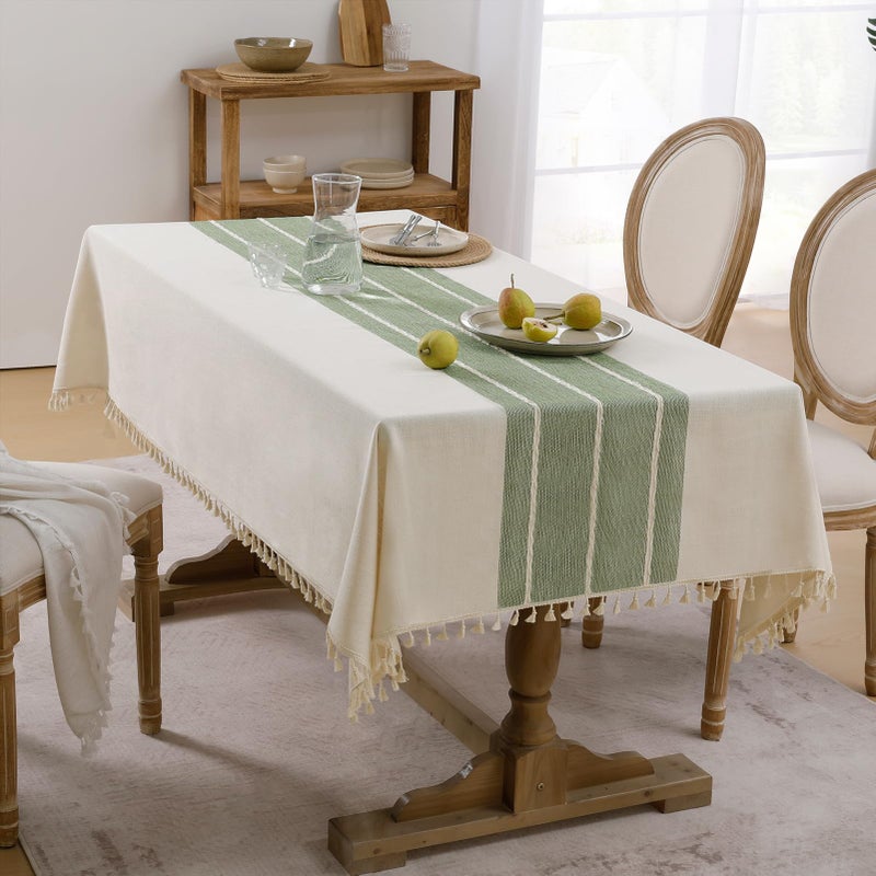 Softalker Linen Tablecloth Rectangle, Outdoor Waterproof Burlap Cotton Farmhouse Table Cloths with Tassel, Heavy Weight Wrinkle Free Table Cover for Dining, Party, Rustic - 55 x 84 Inch, Sage Lines - Image 2