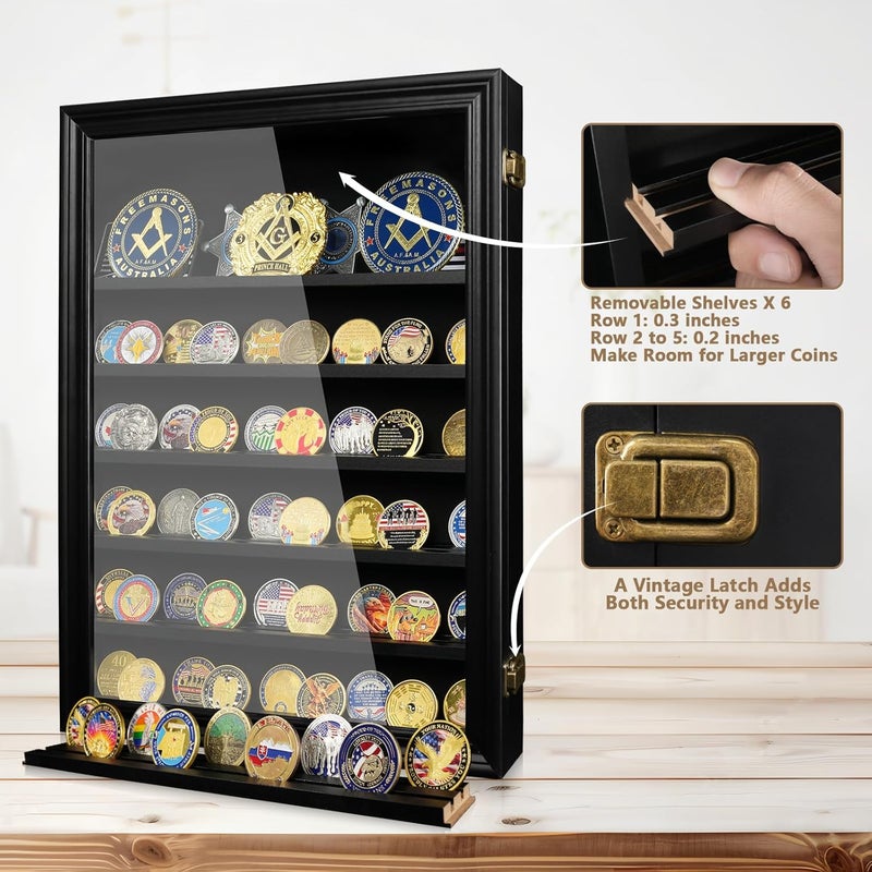 ASmileIndeep 7 Rows Wooden Military Challenge Coin Holder Display Case with HD Tempered Glass Holds 100 Coins, Medal Display Cabinet Shadow Box with Removable Shelves, Tabletop or Wall Mountable Black - Image 2
