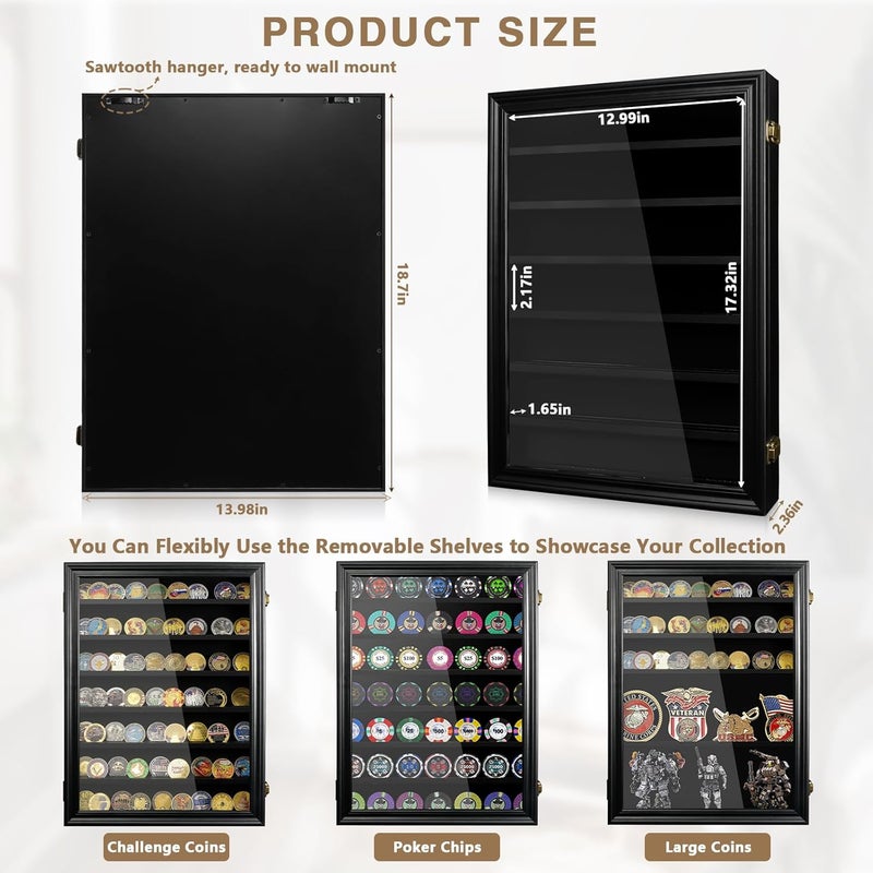 ASmileIndeep 7 Rows Wooden Military Challenge Coin Holder Display Case with HD Tempered Glass Holds 100 Coins, Medal Display Cabinet Shadow Box with Removable Shelves, Tabletop or Wall Mountable Black - Image 3
