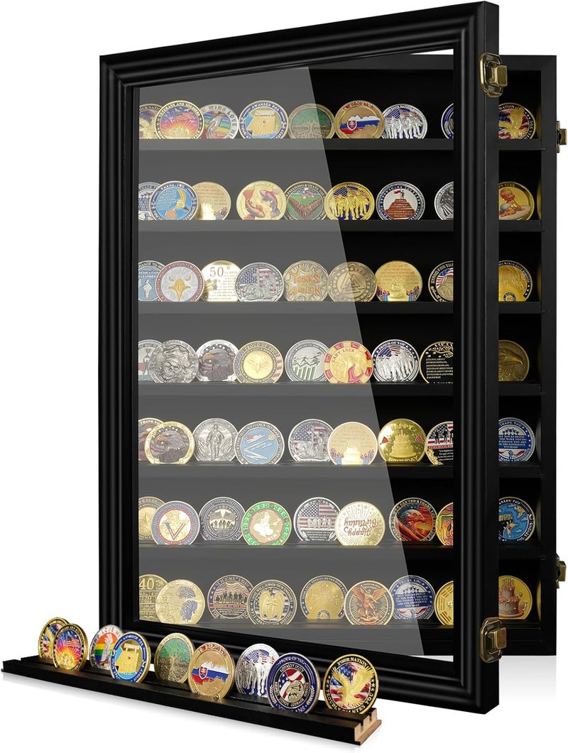 ASmileIndeep 7 Rows Wooden Military Challenge Coin Holder Display Case with HD Tempered Glass Holds 100 Coins, Medal Display Cabinet Shadow Box with Removable Shelves, Tabletop or Wall Mountable Black - Image 1