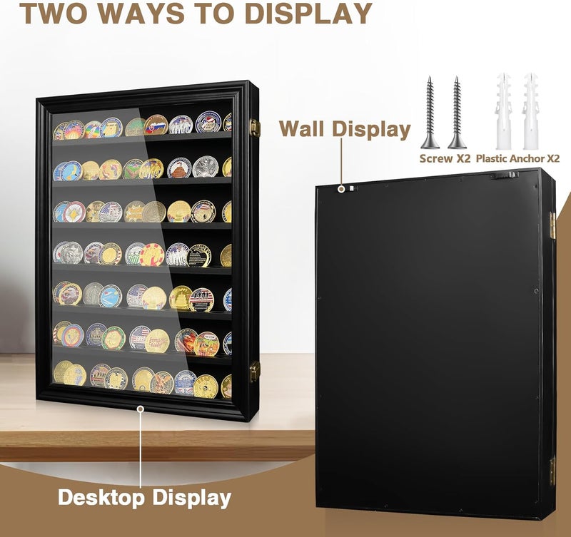 ASmileIndeep 7 Rows Wooden Military Challenge Coin Holder Display Case with HD Tempered Glass Holds 100 Coins, Medal Display Cabinet Shadow Box with Removable Shelves, Tabletop or Wall Mountable Black - Image 5
