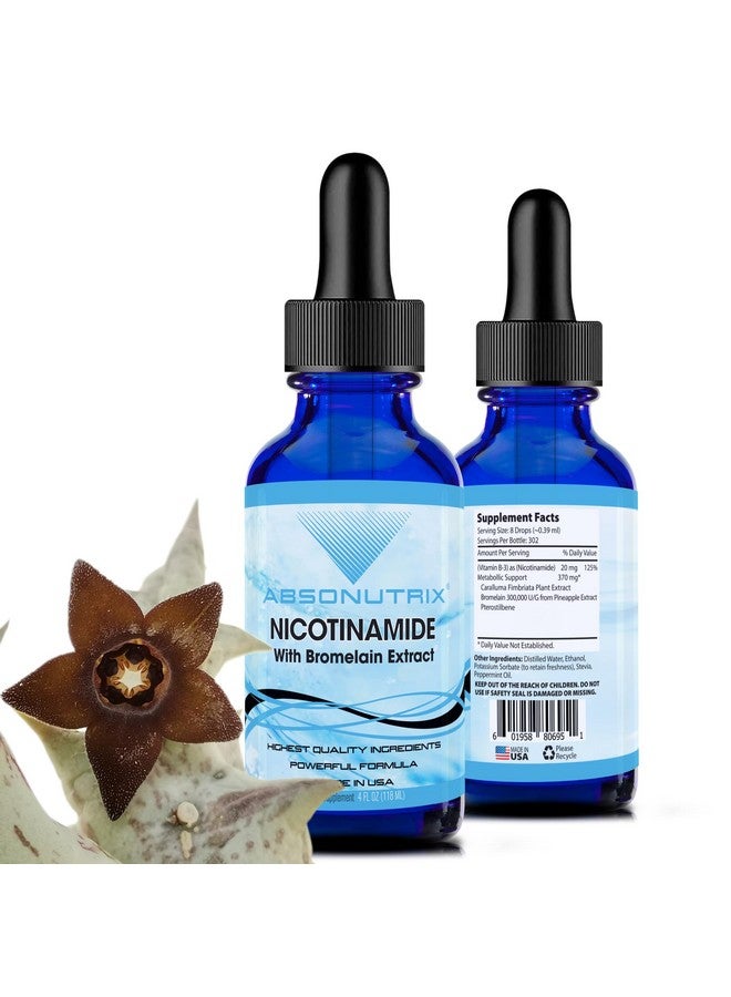 Absonutrix Nicotinamide with Bromelain Extract Advanced Formula 390 mg, 4 Oz Liquid, 302 Servings, Made in USA, Quick Absorption, Quality Potent Ingredients, Non-GMO, GMP Certified Facility - Image 1