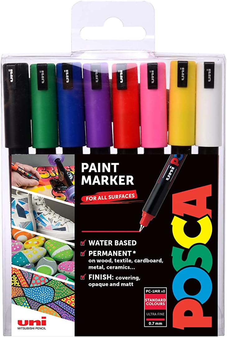 Posca Uni PC-1MR Paint Marker Pen, Starter Set of 8 Assorted Colours, Ultra Fine Tip - Image 1