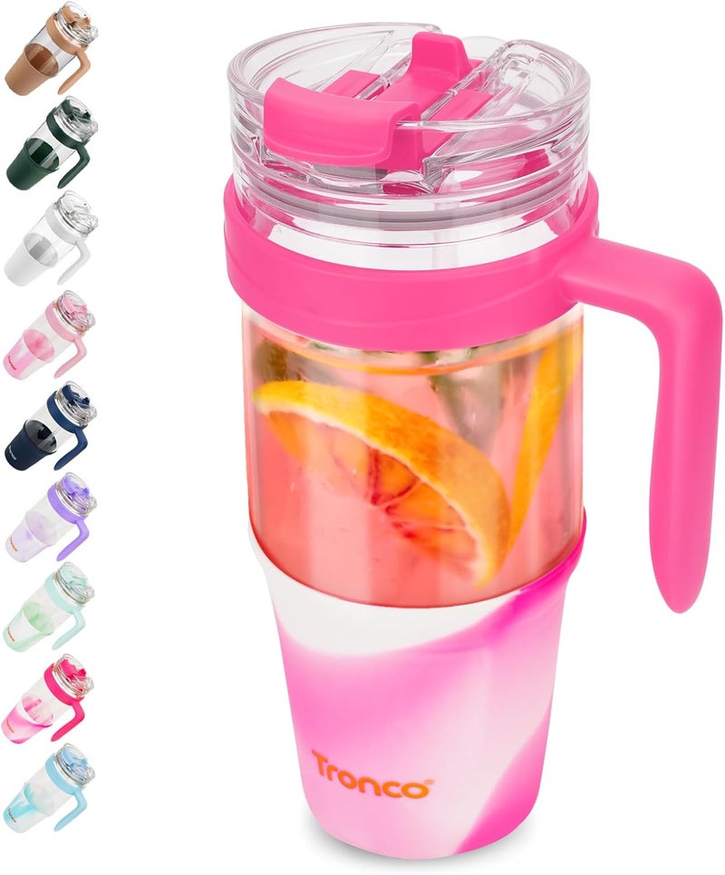 tronco 40oz Glass Tumbler with Straw and Lid, Leakproof Flip Straw Glass Tumbler with Handle, Glass Water Bottle Fits in Cup Holder, BPA Free, Dishwasher Safe (Mixed Rosy Red) - Image 1