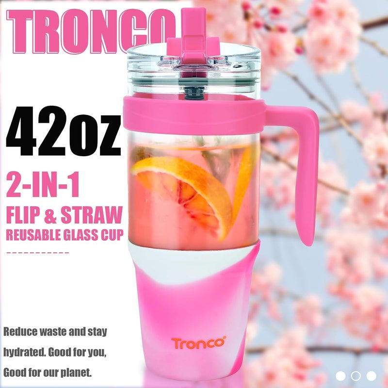 tronco 40oz Glass Tumbler with Straw and Lid, Leakproof Flip Straw Glass Tumbler with Handle, Glass Water Bottle Fits in Cup Holder, BPA Free, Dishwasher Safe (Mixed Rosy Red) - Image 2