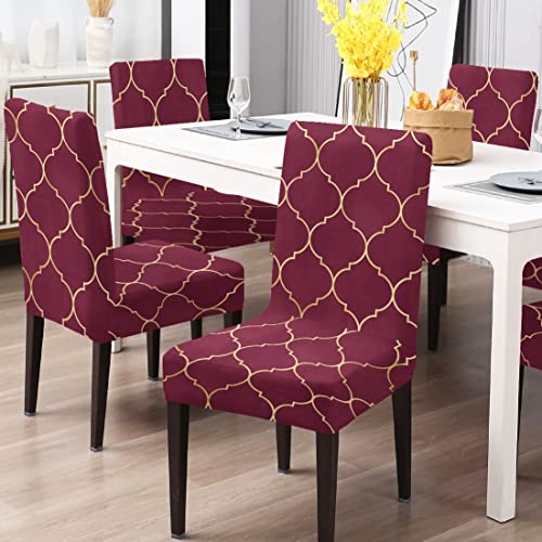 BRIDA® Stretchable Floral Geometric Printed Dining Chair Covers Set of 4 Seater Elastic Chair Seat Case Protector, Slipcovers (4 Chair Cover, Maroon Diamond),Polyester;Polyester Blend - Image 1