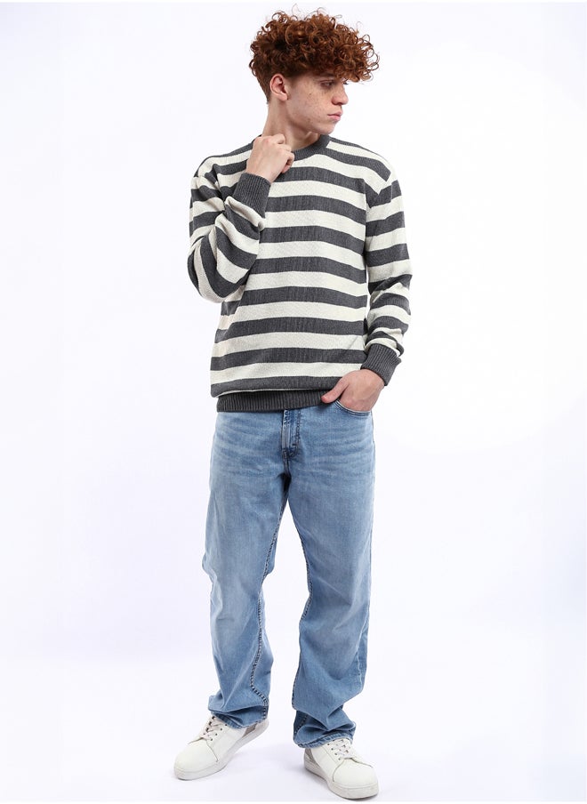 RAVIN Dark Grey & Off-White Striped Knitted Casual Pullover  - Image 4