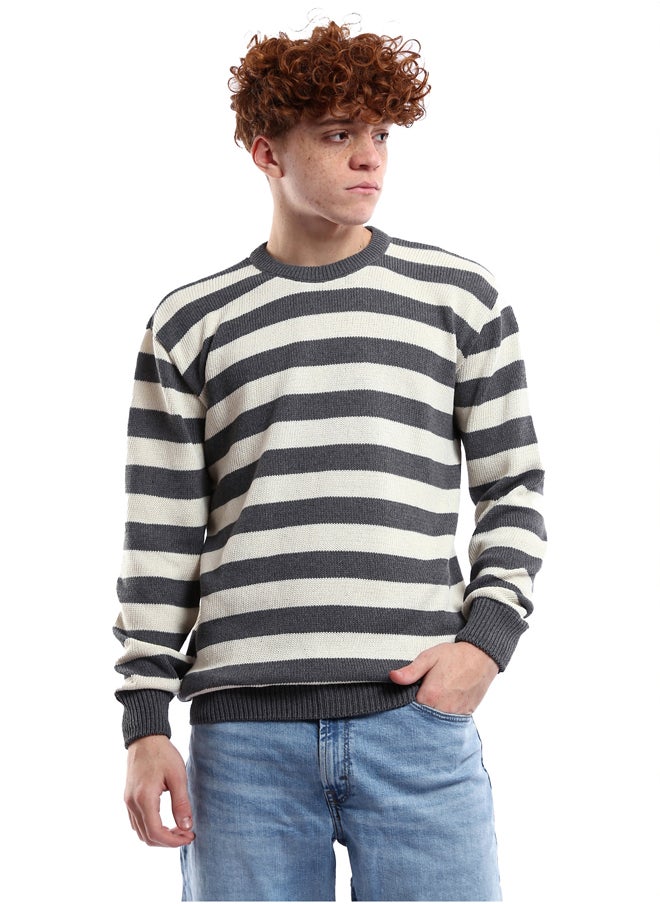 RAVIN Dark Grey & Off-White Striped Knitted Casual Pullover  - Image 1