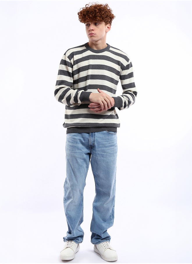 RAVIN Dark Grey & Off-White Striped Knitted Casual Pullover  - Image 5