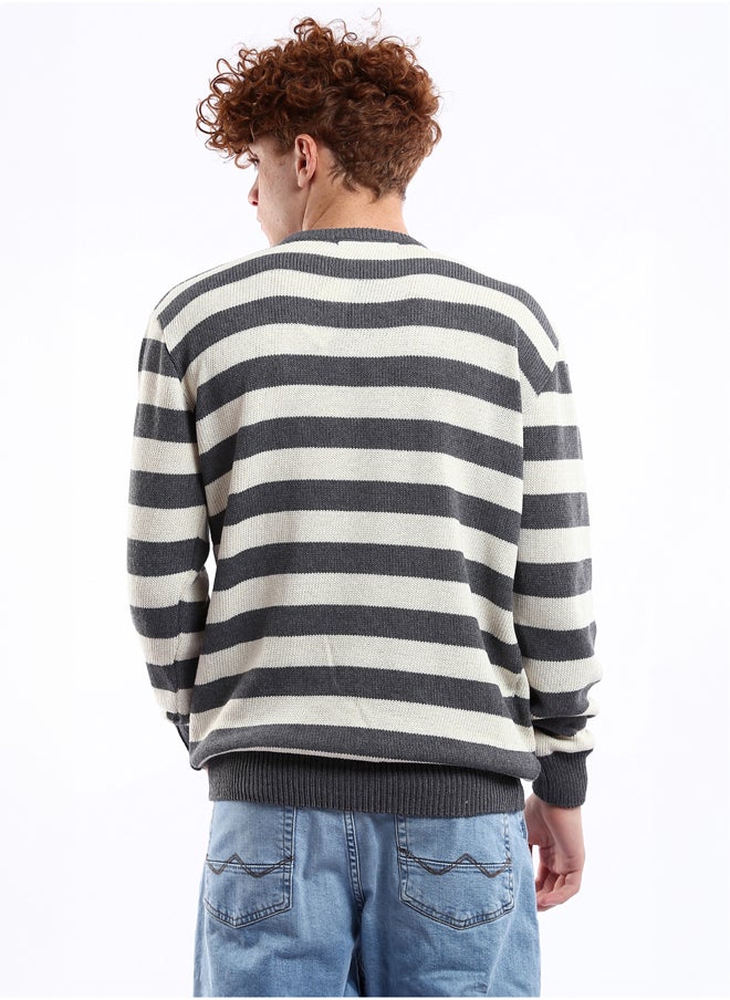 RAVIN Dark Grey & Off-White Striped Knitted Casual Pullover  - Image 2