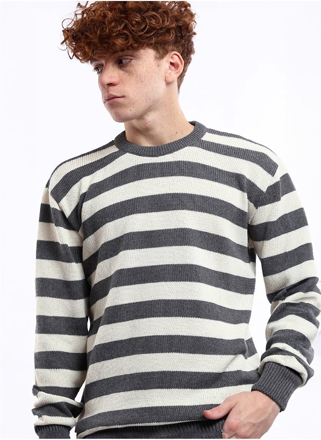 RAVIN Dark Grey & Off-White Striped Knitted Casual Pullover  - Image 3