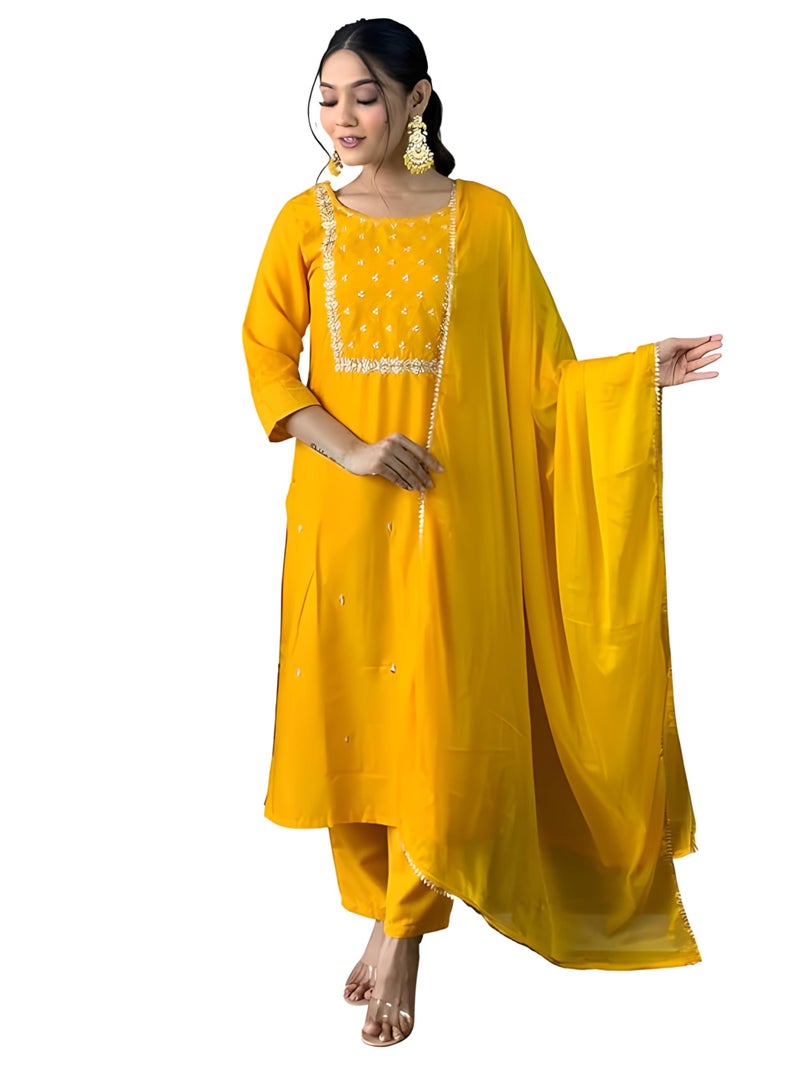 Naixa Women's Yellow Rayon Slub Embroidered Straight Kurta with Rayon Slub Pant and Chinon Laced Dupatta Sets (M-Pragati-Yellow-XXL) - Image 1