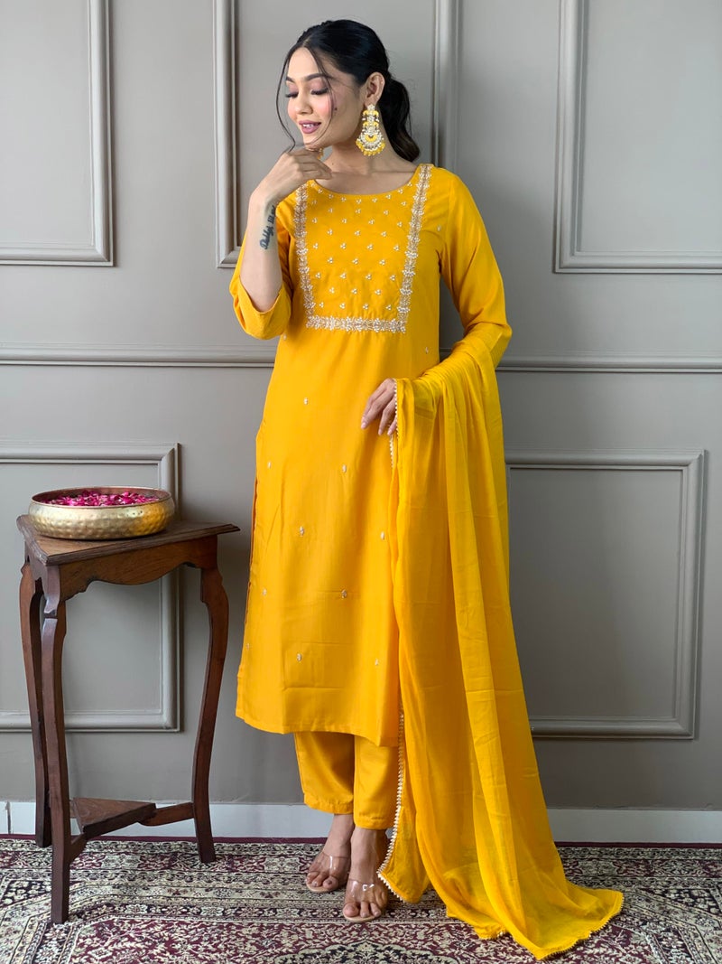 Naixa Women's Yellow Rayon Slub Embroidered Straight Kurta with Rayon Slub Pant and Chinon Laced Dupatta Sets (M-Pragati-Yellow-XXL) - Image 2