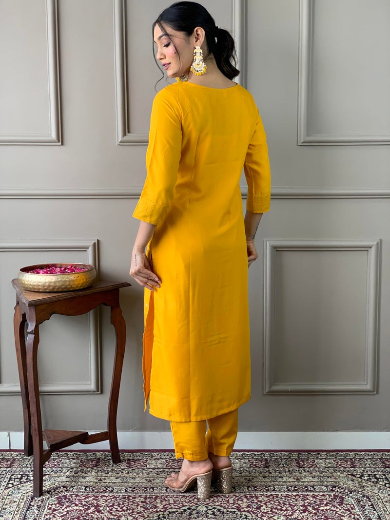 Naixa Women's Yellow Rayon Slub Embroidered Straight Kurta with Rayon Slub Pant and Chinon Laced Dupatta Sets (M-Pragati-Yellow-XXL) - Image 4