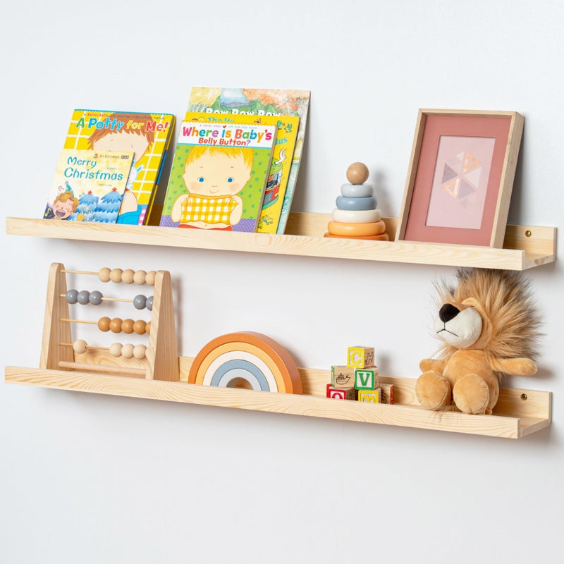 Picture Ledge Shelf for Wall 36 inch Solid Pine Wood Nursery Book Shelves 2 Packs Floating Ledge Shelves for Kids Room Bedroom Bathroom Living Room Photo Frames Office Nursey Wall Decor Natural