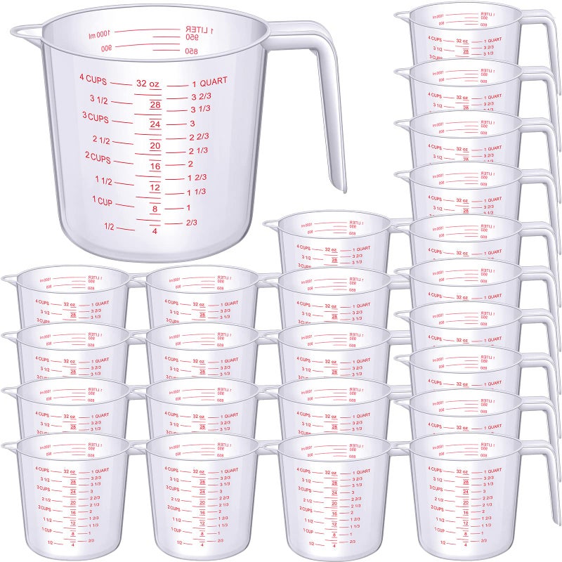 Fabbay 24 Pcs 4 Cup Capacity Plastic Measuring Cup 1000 ml Clear Graduated Measuring Cups Plastic Mug with Spout and Handles Ounce and Ml Marking for Recipe Ingredient Flour Water LiquidRed32 oz