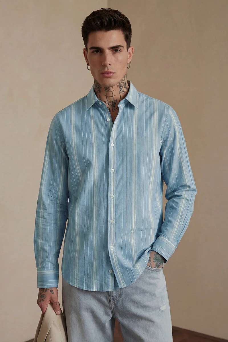 سنيتش Light Blue Striped Long Sleeve Slim Fit Formal Shirt